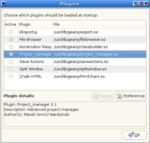 Geany Project Manager uruchomienie