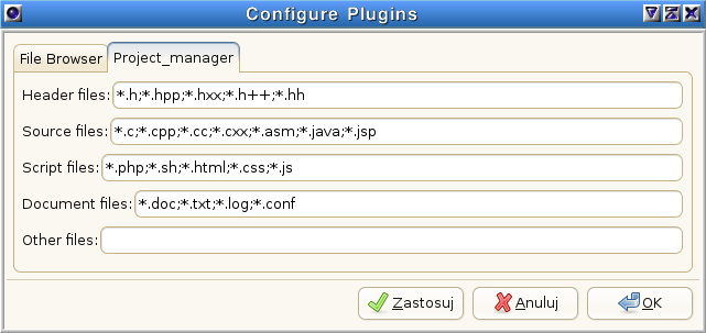 Geany Project Manager preferencje