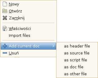Geany Project Manager menu panelu bocznego